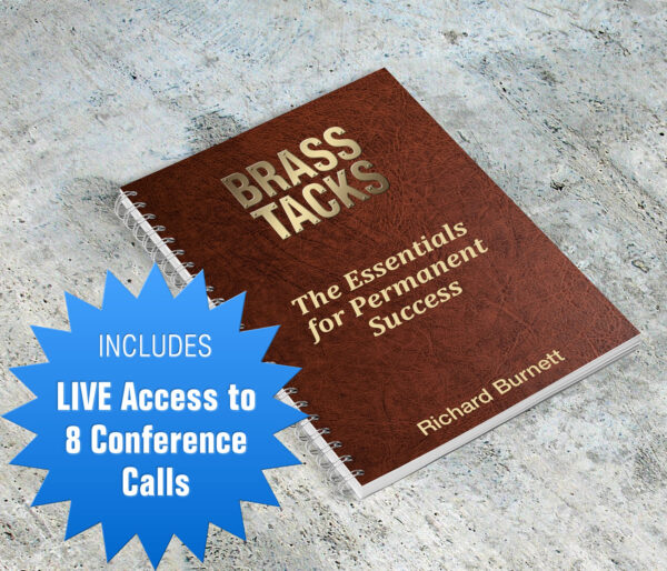 Book displayed entitled: Brass Tacks - The Essentials for Permanent Success
